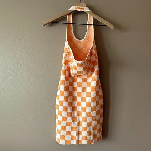Women's XS/S Princess Polly Orange Checkmate Print Halter Bodycon Knit Mini - Picture 4 of 8